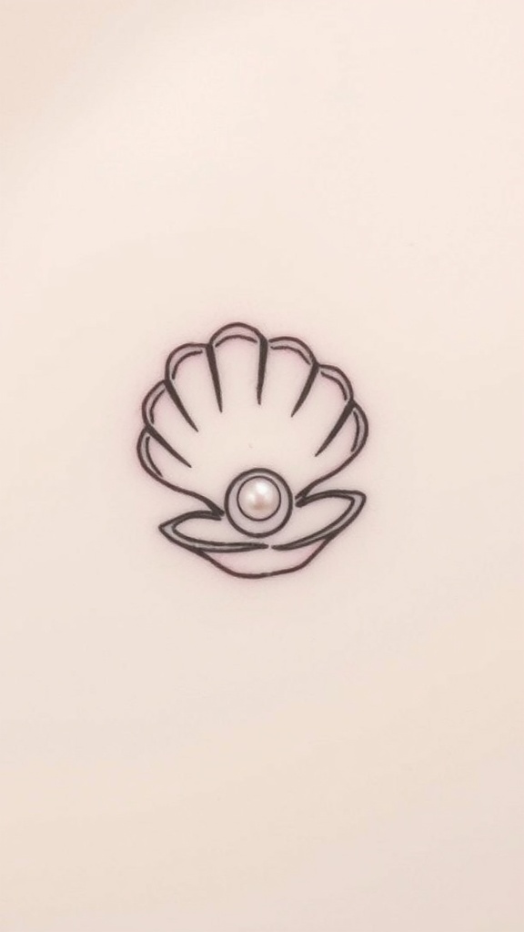 Minimalist clam tattoo design with a pearl, showcasing clean lines and delicate details.